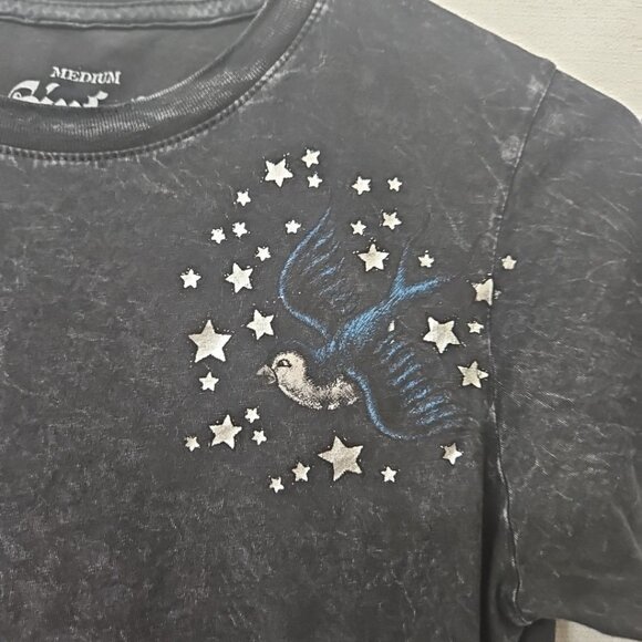 Womens Sz Med Sinful By Affliction Y2K Black Distressed Tshirt Birds celestial - Picture 2 of 5